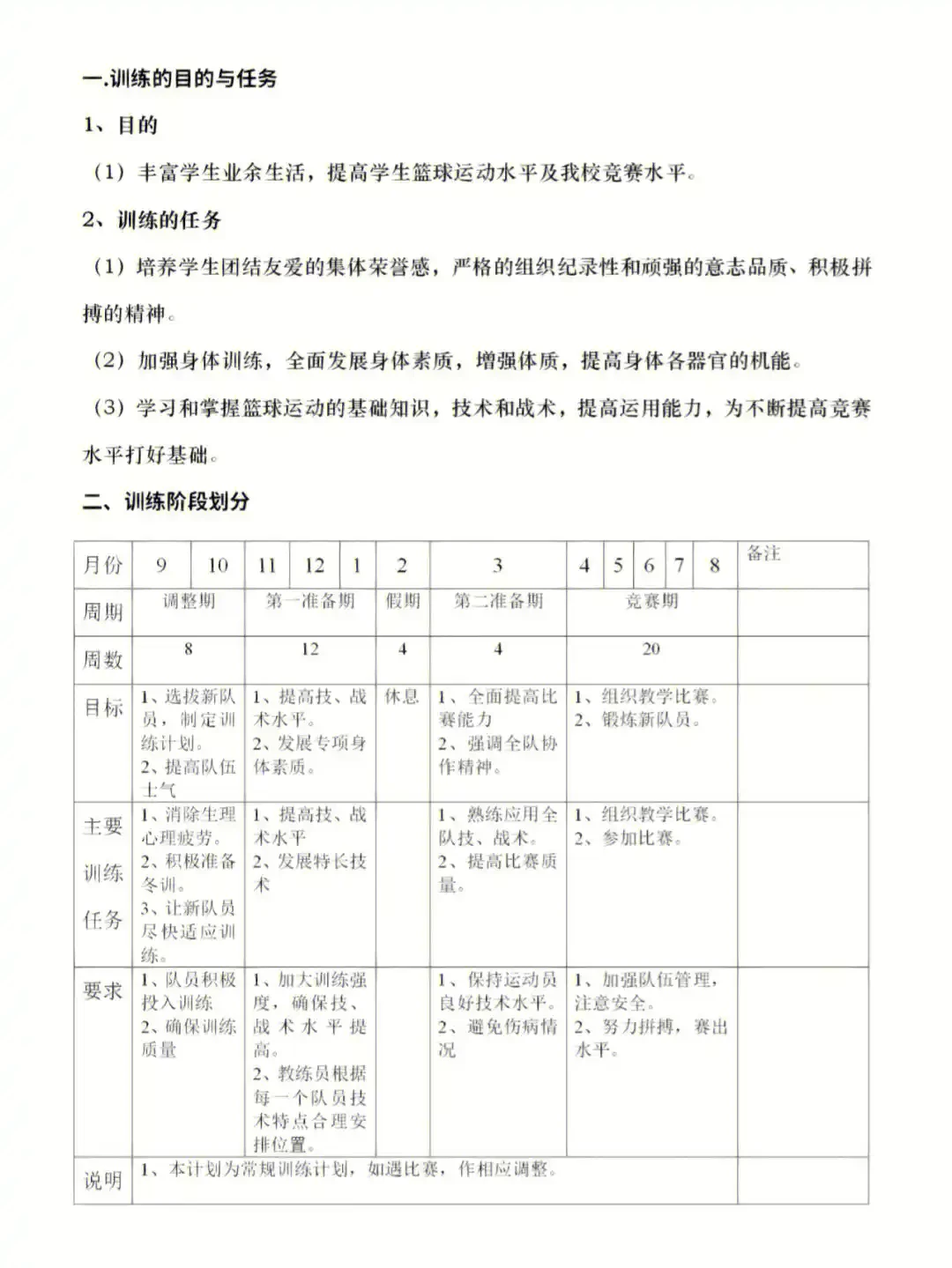 篮球冬训训练计划表